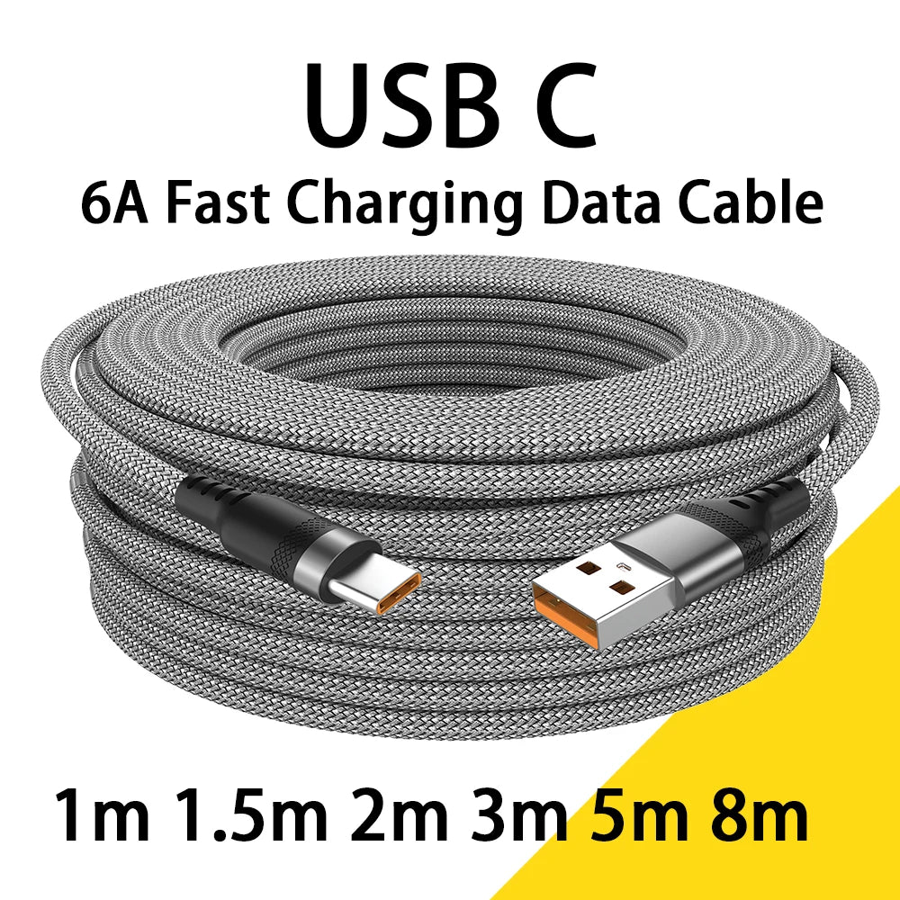 USB Type C 6A Super- Charging Cable For Huawei USB C Extended 1m 2m 3m 5m 8-Meter Cable For Xiaomi Vivo Leeco OnePlus Oppo